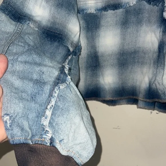 Gilded Intent Distressed Blue Checkered Denim Jacket medium NWT - Picture 6 of 8